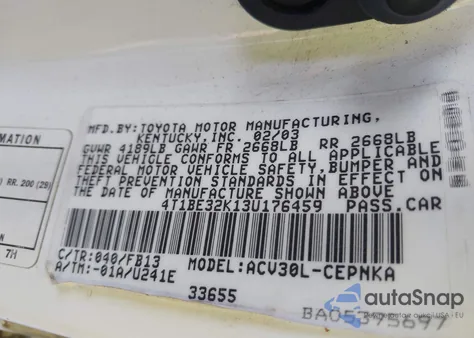 2003 Toyota Camry Le from USA, damaged, VIN 4T1BE32K13U176459